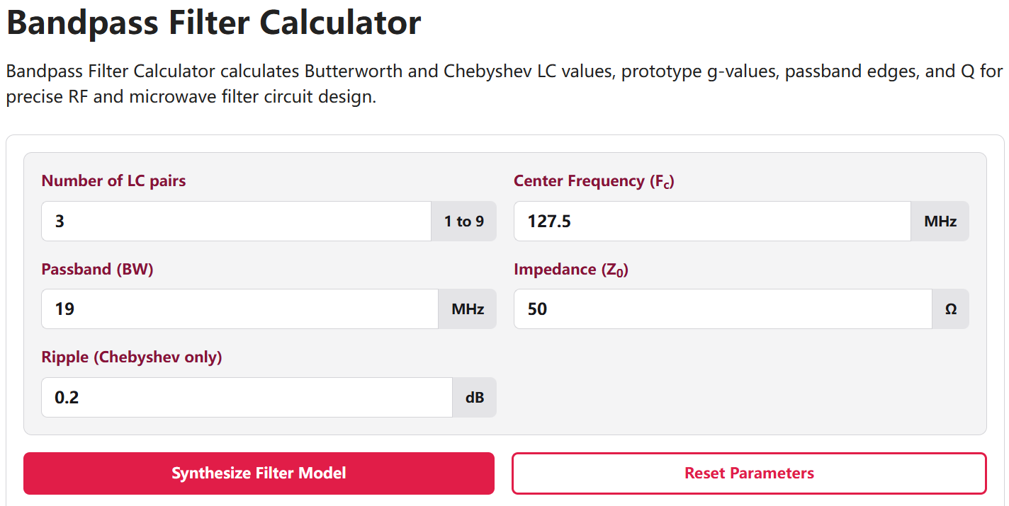 Bandpass Filter Calculator Parameters